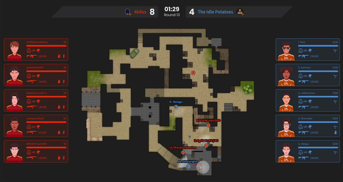 A CPL Manager match in progress: both team panels, the round scoreboard and the map.